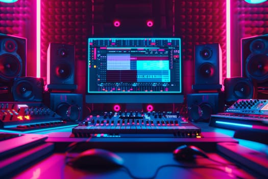 A computer monitor sits on a desk in front of a pair of speakers. The speakers are pink and purple, and the monitor is black. The room is brightly lit and has a neon glow