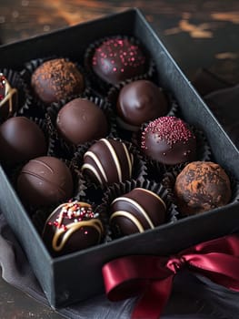 A luxurious box of assorted chocolate truffles with elegant ribbons on a table.