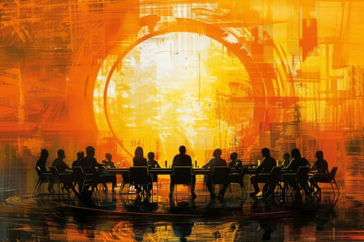 A group of people are sitting around a table in a spiral pattern. The table is surrounded by chairs and the people are all looking at each other. Scene is one of collaboration and teamwork