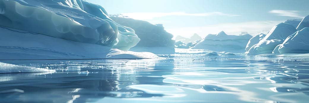 Multiple icebergs drift on cold waters, their icy surfaces glistening in the light.