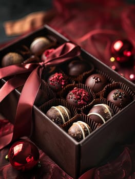 Luxurious box of assorted chocolates with ribbon decoration on a wooden table.