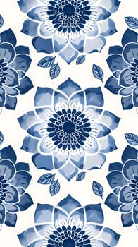 A seamless pattern of azure flowers and leaves on a white background, creating a symmetrical and artistic design. The electric blue accents add a pop of color to the aquaticthemed organism artwork