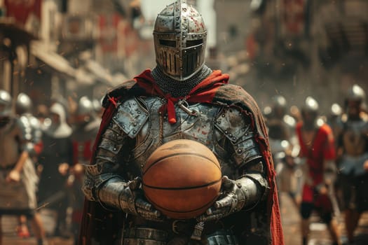 A medieval knight basketball player stands with a basketball before a game against a street backdrop.