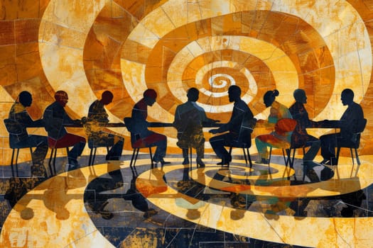 A group of people are sitting around a table in a spiral pattern. The table is surrounded by chairs and the people are all looking at each other. Scene is one of collaboration and teamwork