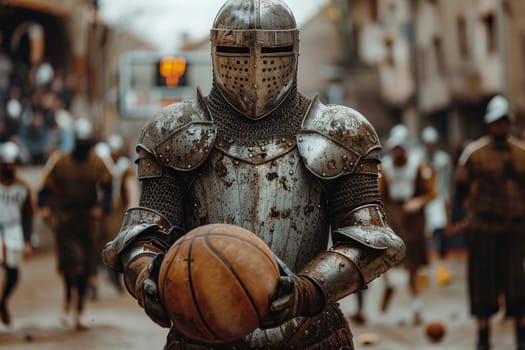 A medieval knight basketball player stands with a basketball before a game against a street backdrop.