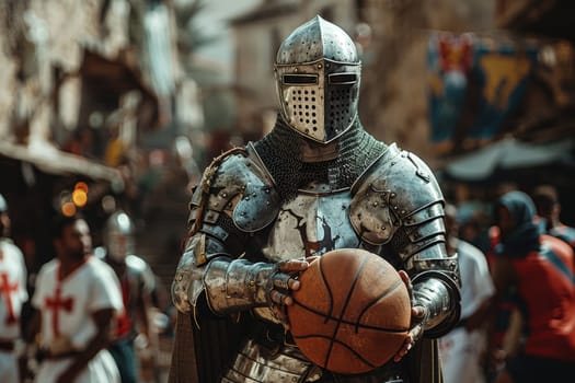 A medieval knight basketball player stands with a basketball before a game against a street backdrop.