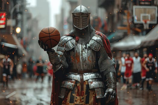 A medieval knight basketball player stands with a basketball before a game against a street backdrop.