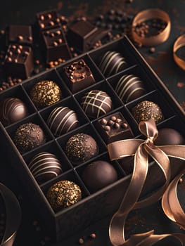 A high-detail box of chocolate truffles adorned with a decorative ribbon in rich, dark colors.