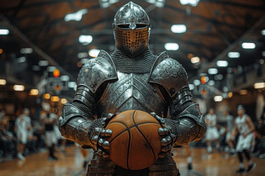 Medieval knight basketball player stands with a basketball before the game in the background of the arena.