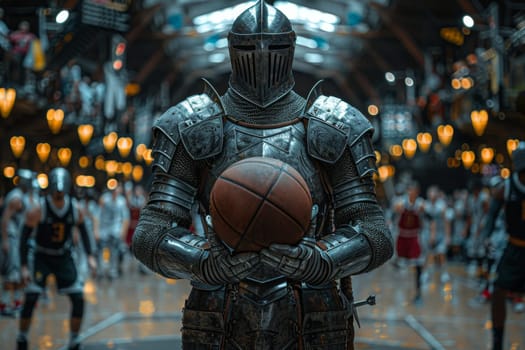 Medieval knight basketball player stands with a basketball before the game in the background of the arena.