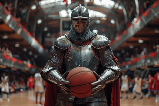 Medieval knight basketball player stands with a basketball before the game in the background of the arena.