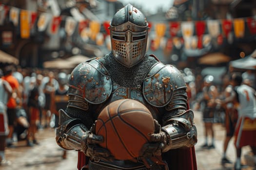Medieval knight basketball player stands with a basketball before the game in the background of the arena.