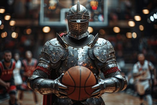 Medieval knight basketball player stands with a basketball before the game in the background of the arena.