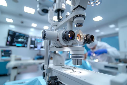 A surgical microscope in the operating room of a modern ophthalmological clinic. Vision correction, cataract treatment.