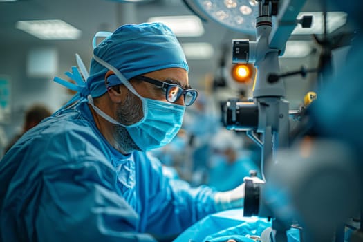 A neurosurgeon looks through a microscope during surgery in a hospital. The concept of healthcare.