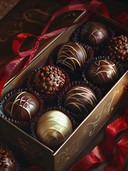 A luxurious box of chocolate truffles adorned with a vibrant red ribbon.
