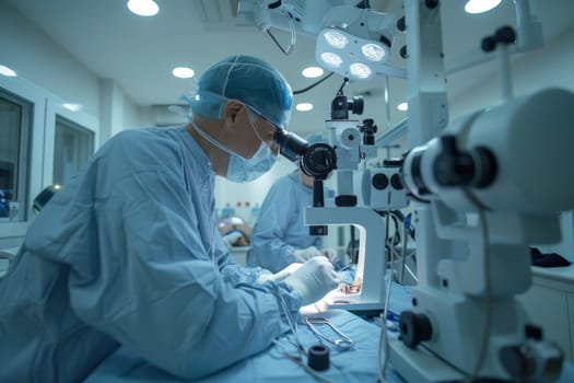 A neurosurgeon looks through a microscope during surgery in a hospital. The concept of healthcare.