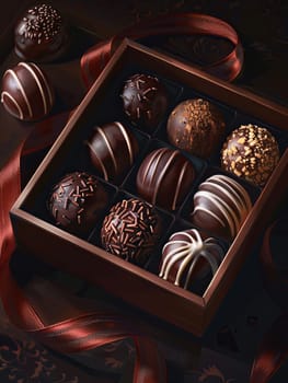 An elegant box of chocolate truffles adorned with a vibrant red ribbon, showcasing rich dark colors and luxurious presentation.