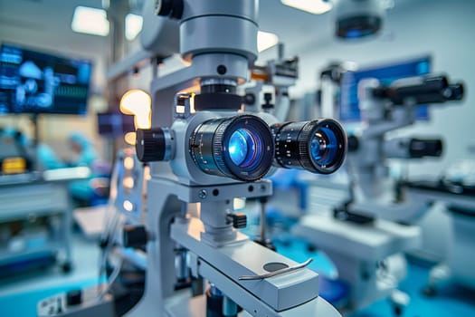 A surgical microscope in the operating room of a modern ophthalmological clinic. Vision correction, cataract treatment.