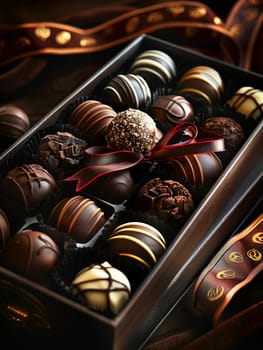Box of assorted chocolate truffles elegantly wrapped with a red ribbon, luxurious presentation.