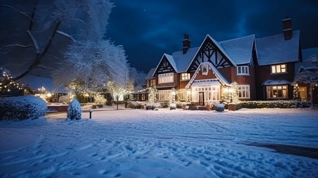 Christmas in the countryside manor, English country house mansion decorated for holidays on a snowy winter evening with snow and holiday lights, Merry Christmas and Happy Holidays design