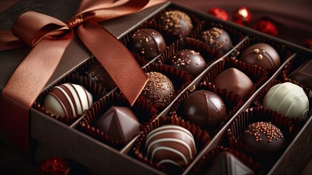 A detailed and elegant box of chocolate truffles adorned with a rich brown ribbon for a luxurious presentation.