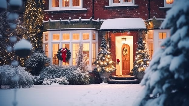 Christmas in the countryside manor, English country house mansion decorated for holidays on a snowy winter evening with snow and holiday lights, Merry Christmas and Happy Holidays design