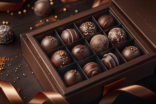 Elegant box of chocolate truffles adorned with a ribbon, boasting rich dark colors and intricate details.