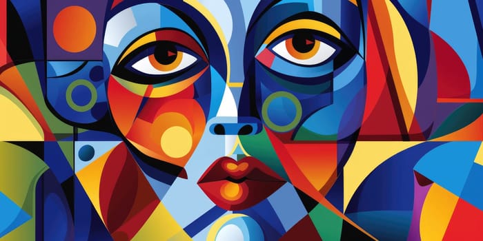 Portrait of beautiful woman in modern abstract art style in colorful geometry. Elegant female or lady looking at camera in modern art style with vibrant palette technique. Feminism concept. AIG42.