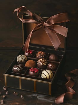 Elegant box of chocolate truffles adorned with ribbons, luxurious and detailed presentation in rich dark colors.