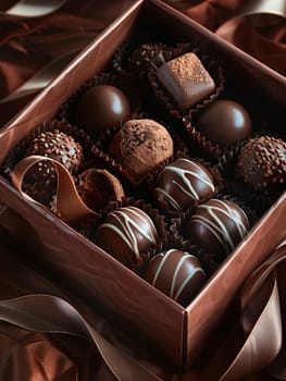High-detail box of elegant chocolate truffles with ribbons on a table, luxurious presentation.