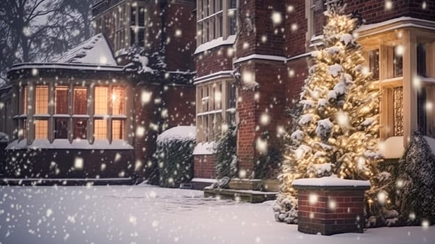 Christmas in the countryside manor, English country house mansion decorated for holidays on a snowy winter evening with snow and holiday lights, Merry Christmas and Happy Holidays design