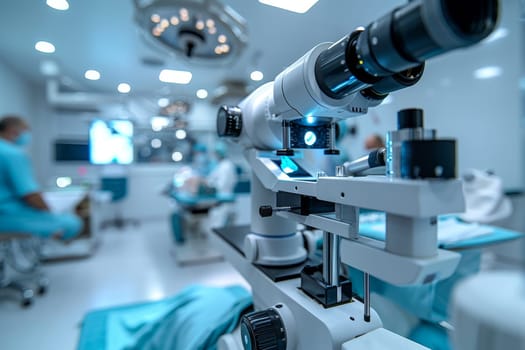 A surgical microscope in the operating room of a modern ophthalmological clinic. Vision correction, cataract treatment.