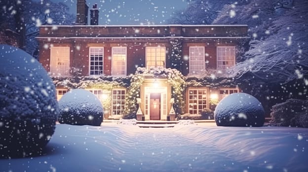 Christmas in the countryside manor, English country house mansion decorated for holidays on a snowy winter evening with snow and holiday lights, Merry Christmas and Happy Holidays design