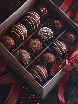 Detailed painting of an elegant box of chocolate truffles, adorned with a vibrant red ribbon.