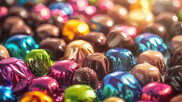Close-up view of a variety of colorful chocolates with shiny wrappers spread out.