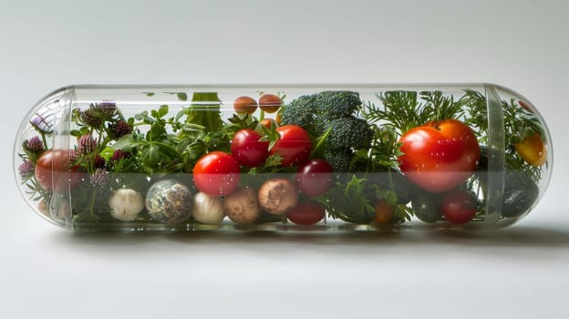 Vegetables and fruits inside the vitamin rich capsule on a white background . Natural products containing dietary fiber and minerals are good for health.