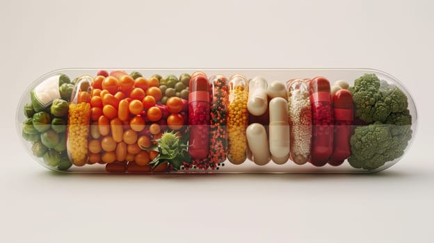 Vegetables and fruits inside the vitamin rich capsule on a white background . Natural products containing dietary fiber and minerals are good for health.