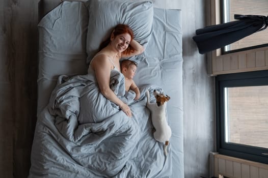 Top view of a red-haired Caucasian woman lying in bed with her baby son and Jack Russell terrier dog