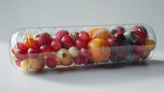 Vegetables and fruits inside the vitamin rich capsule on a white background . Natural products containing dietary fiber and minerals are good for health.