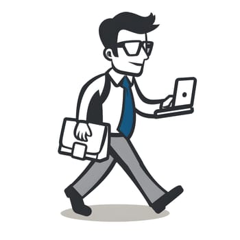 A man is strolling with a briefcase and a laptop, his arm extended holding the handle. He wears eyewear and gestures with this thumb. He looks like a cartoon character in a font illustration