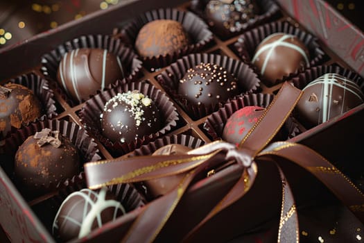 Luxurious box of chocolate truffles adorned with a ribbon, showcasing rich dark colors and high detail.