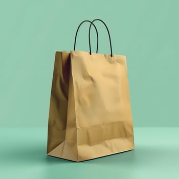 A creatively designed brown paper bag with black handles, placed on a vibrant green surface. The bags rectangle shape, natural material, and electric blue font make it a fashionable art piece