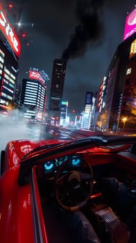 A red vehicle with automotive lighting is cruising through the city streets at night, with the glow of the automotive tail brake light reflecting off buildings
