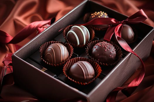 Elegant box of chocolate truffles adorned with a vibrant red ribbon, showcasing a luxurious and rich color palette.