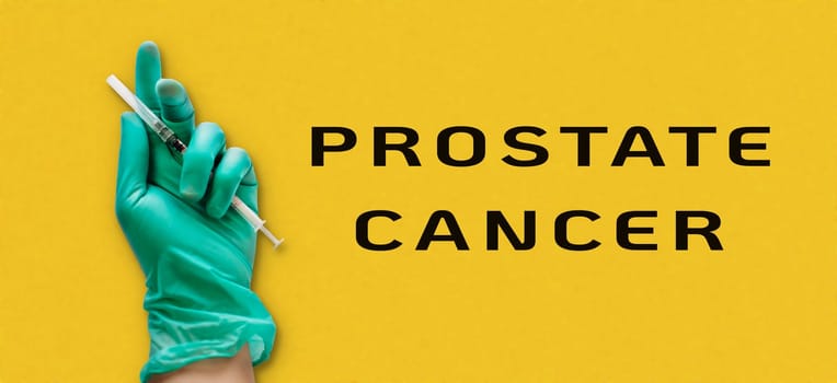 A person holding a syringe with the words Prostate Cancer written below. The image has a serious and informative tone