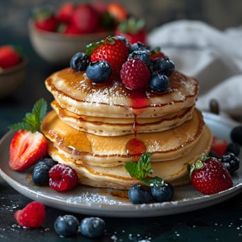 A stack of delicious pancakes topped with fresh strawberries and blueberries on a plate, ready to be enjoyed as a tasty breakfast or brunch dish