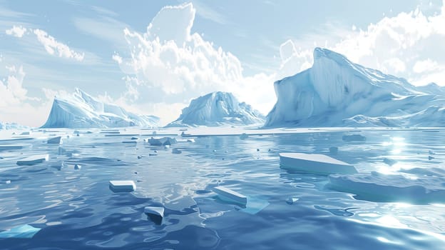 Multiple icebergs drift on the cold waters, creating a striking scene with their unique shapes and textures.