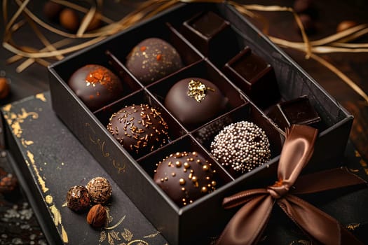 A luxurious box filled with an assortment of chocolate truffles, elegantly decorated with ribbons in rich dark colors.