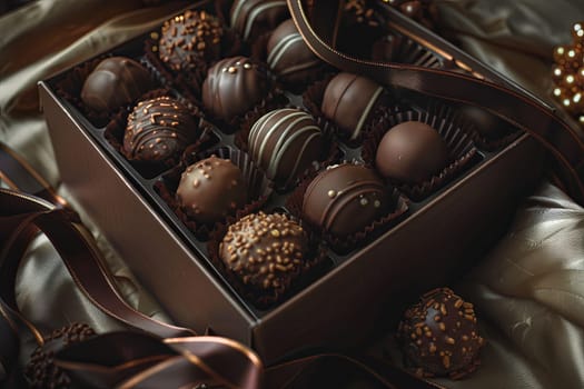 A luxurious box of chocolate truffles with ribbons sits on a table.